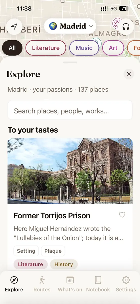MUSA's Explore panel, with passions as filters and places chosen for your tastes