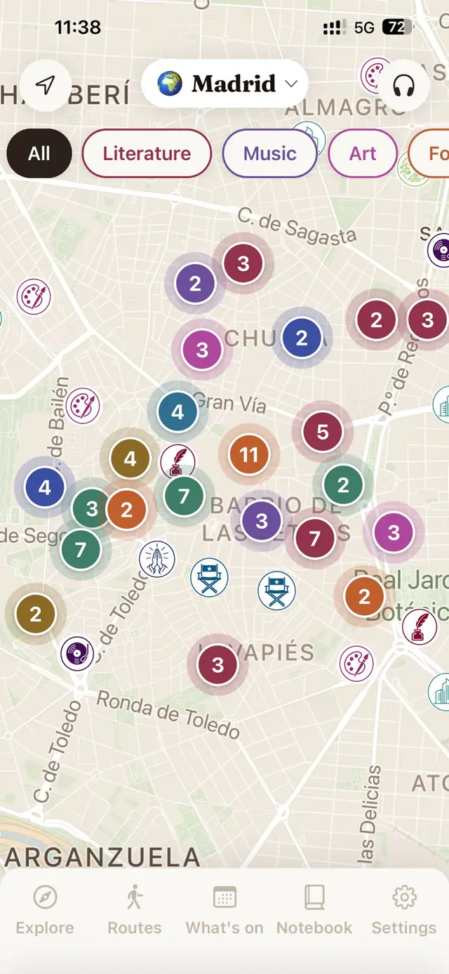 MUSA's map of Madrid, with places grouped by passion