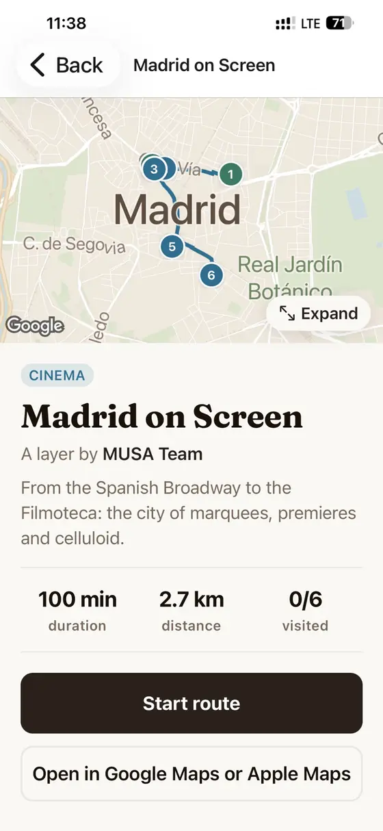 A narrated MUSA route, “Madrid on Screen”, with its duration, distance and a Start route button