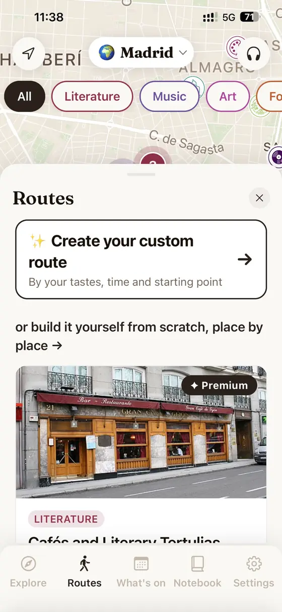 MUSA's routes panel with the “Create your custom route” option