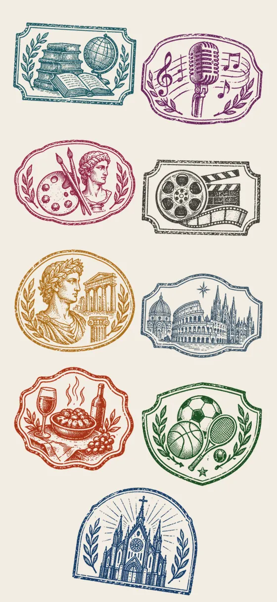 A grid of MUSA's nine passion stamps, as collected in the travel notebook