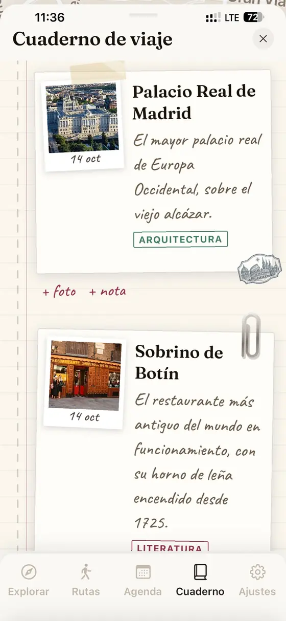 El cuaderno de viaje de MUSA, con fotos pegadas, notas y sellos