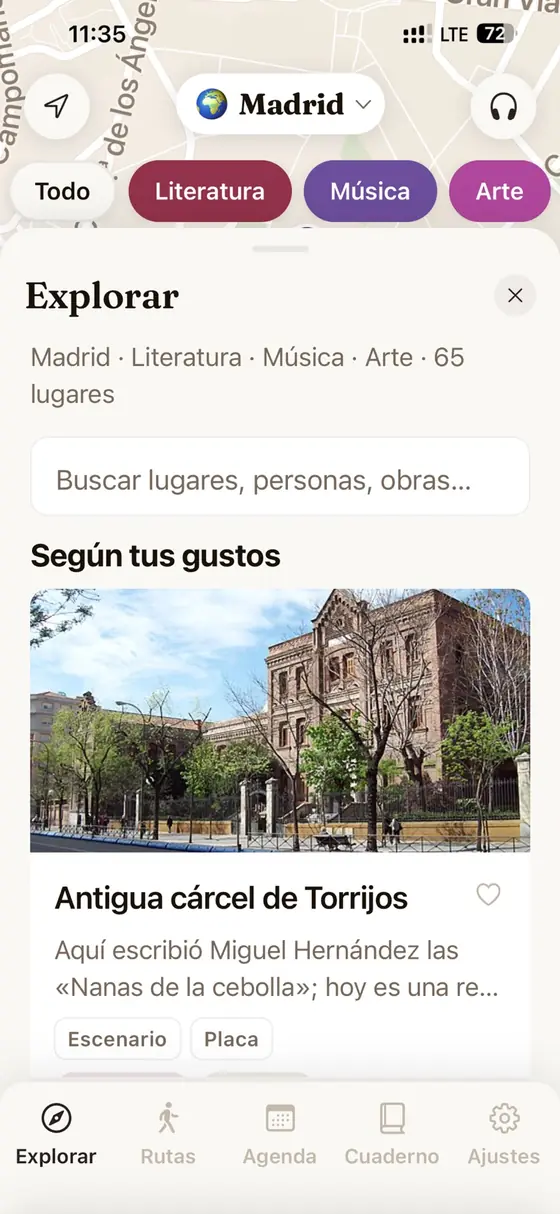 El panel Explorar de MUSA, con las pasiones como filtros y lugares según tus gustos