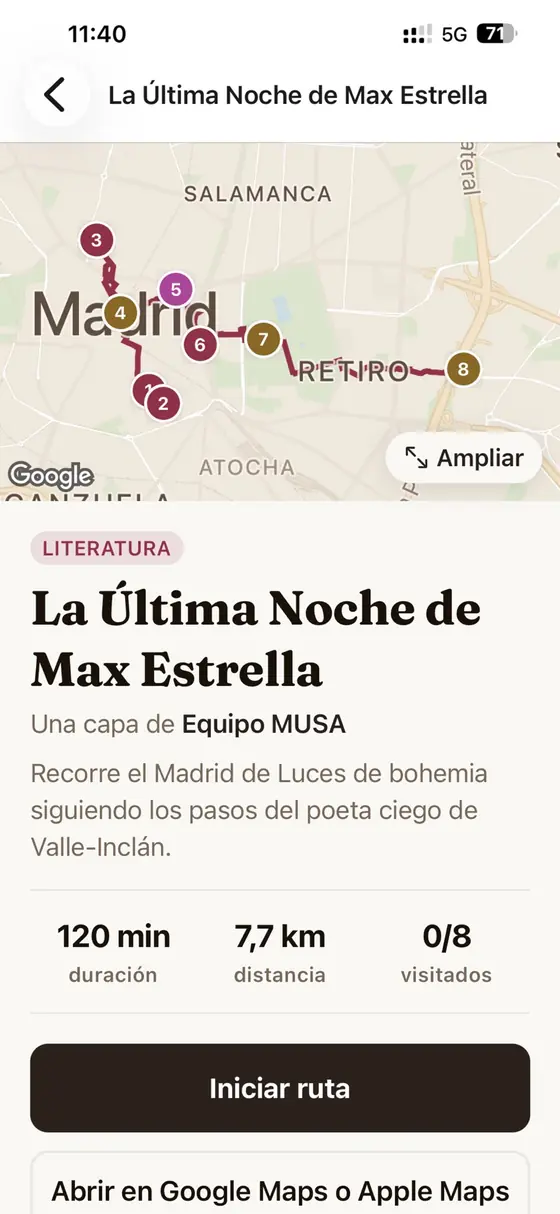 Una ruta narrada de MUSA: «La última noche de Max Estrella», con duración, distancia y el botón de iniciar