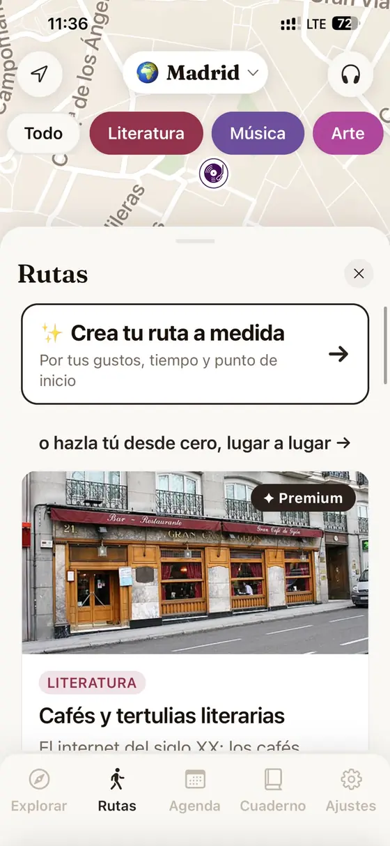 El panel de rutas de MUSA con la opción «Crea tu ruta a medida»